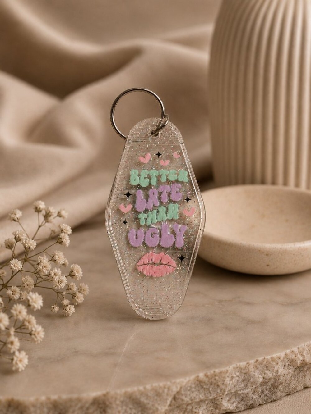 NWT Better Late Than Ugly Retro Motel Keychain | Trendy Pastel Bag Charm